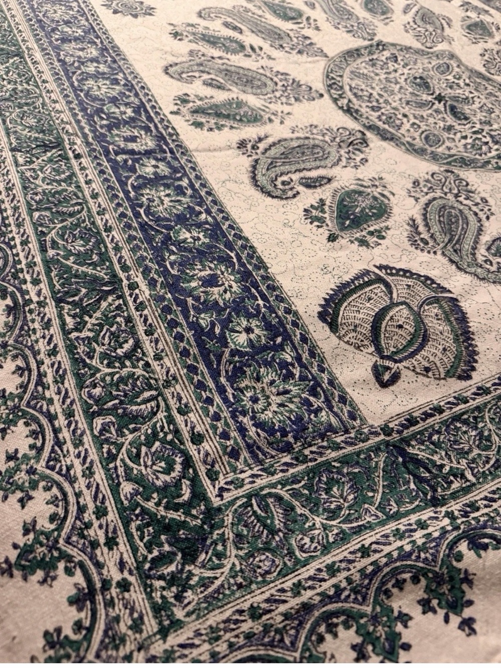 ANTIQUE Esfahan Iran Hand Block Painted Ghalamkar Cotton Fringed (53”x78”) - Picture 3 of 15